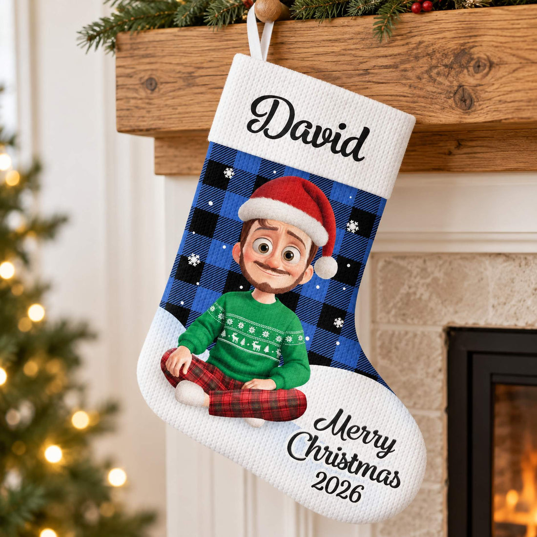 Close-up detail of waffle knit texture and print on personalized Christmas stocking