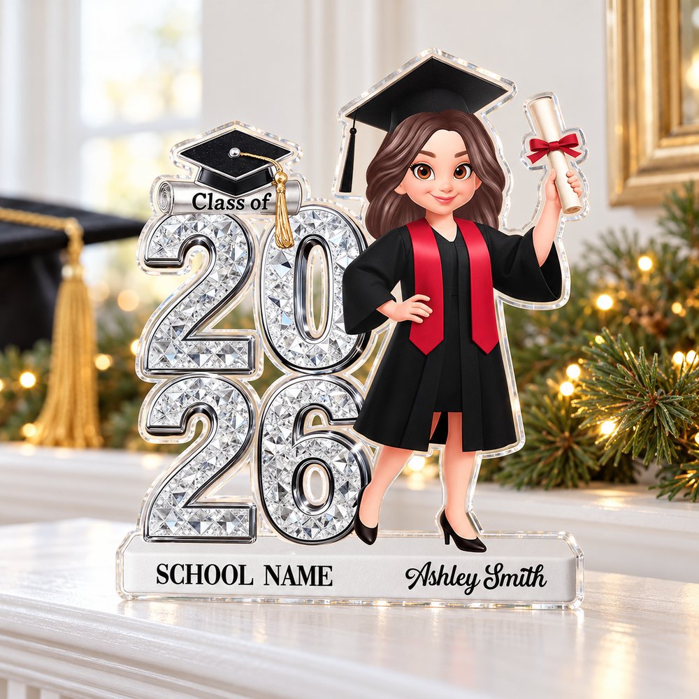 Class of 2026 personalized acrylic plaque displayed on a bright mantel next to a graduation cap