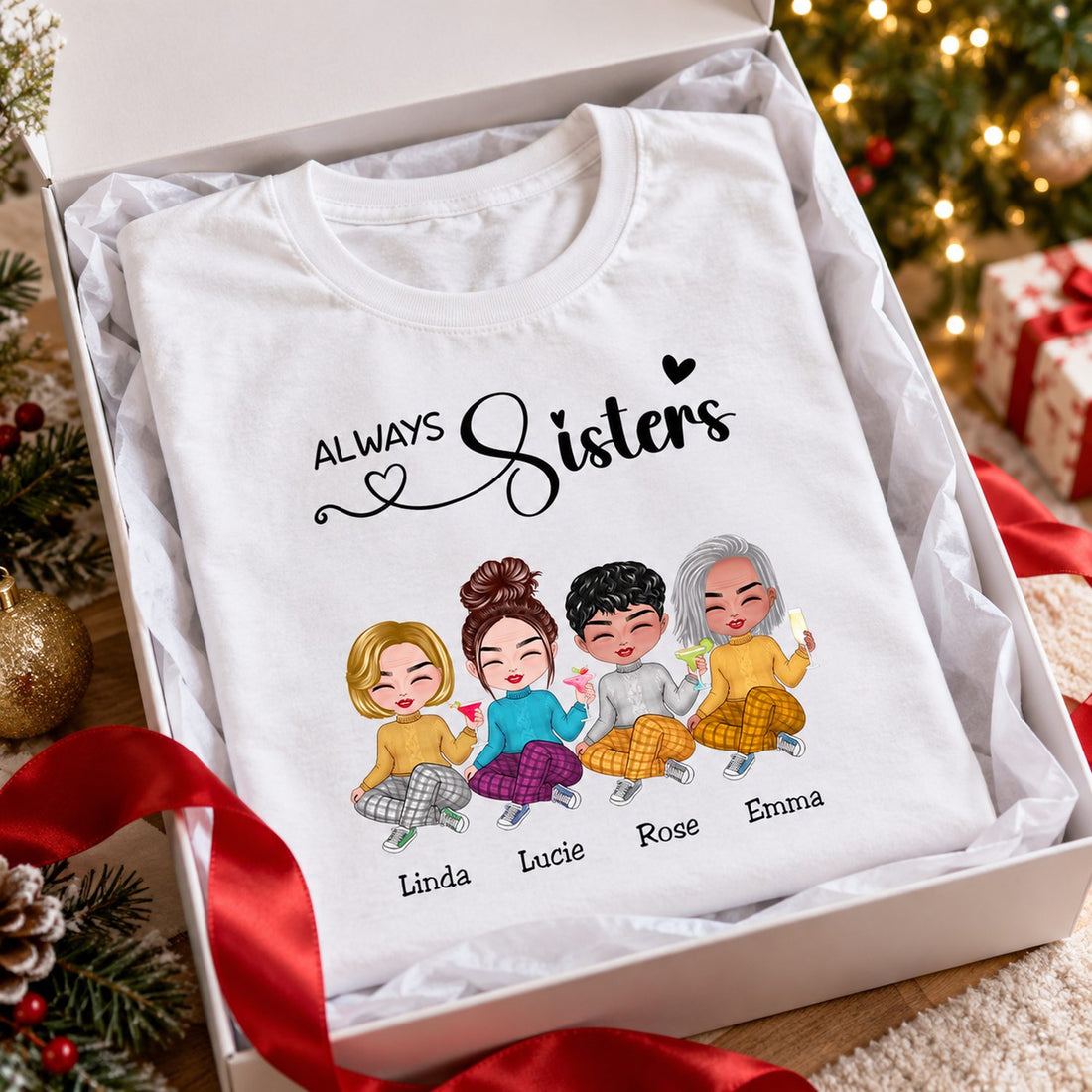 Personalized Sisters Forever t-shirt folded in a holiday gift box with ribbon
