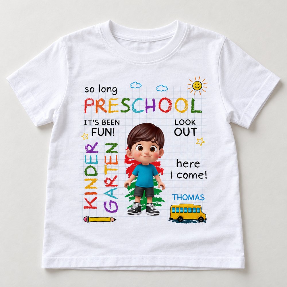 Close up detail of crayon style print and cotton texture on custom Kindergarten kid shirt