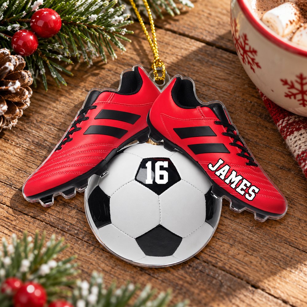 Custom shaped soccer Christmas acrylic ornament on a festive wooden table with pine garland