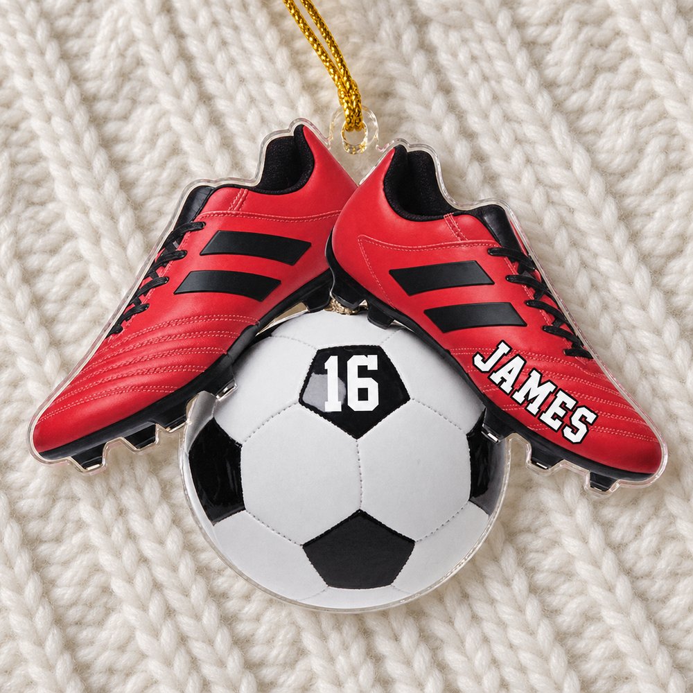 Close-up detail of personalized soccer acrylic ornament showing glossy finish and cut edges