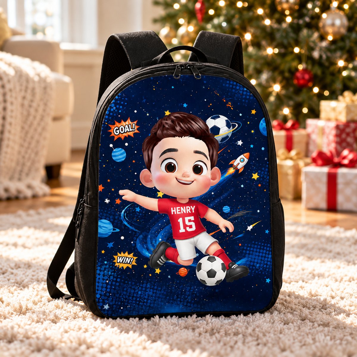 Personalized kid soccer backpack standing in front of a Christmas tree as a holiday gift