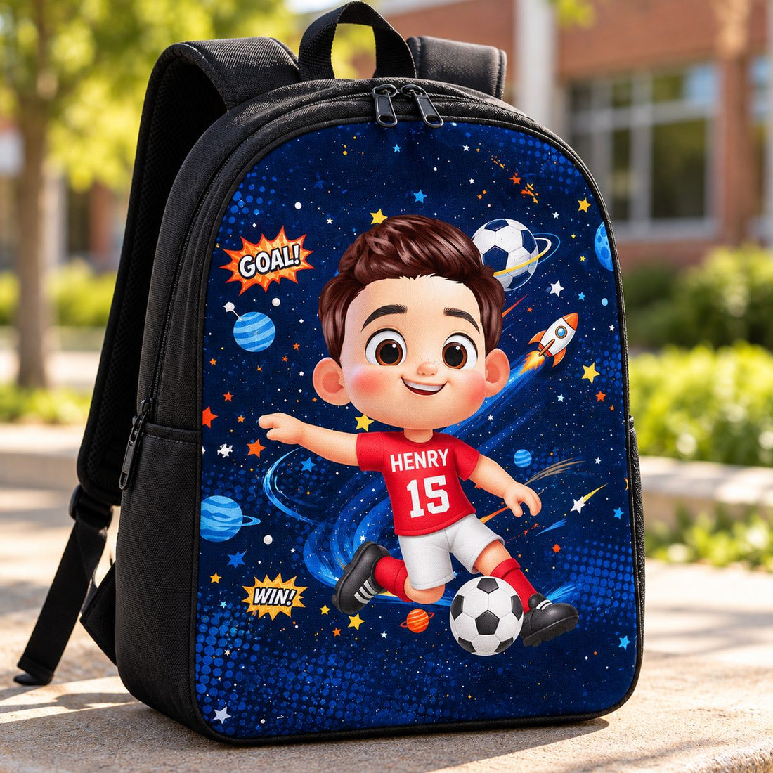 Close up detail of personalized kid backpack polyester print texture and black zipper