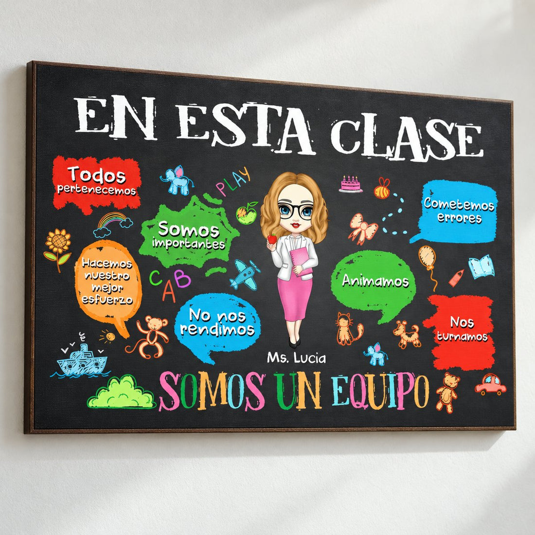 Close-up detail of personalized Spanish teacher poster print texture and artwork
