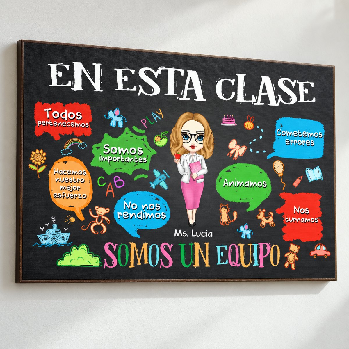 Close-up detail of personalized Spanish teacher poster print texture and artwork