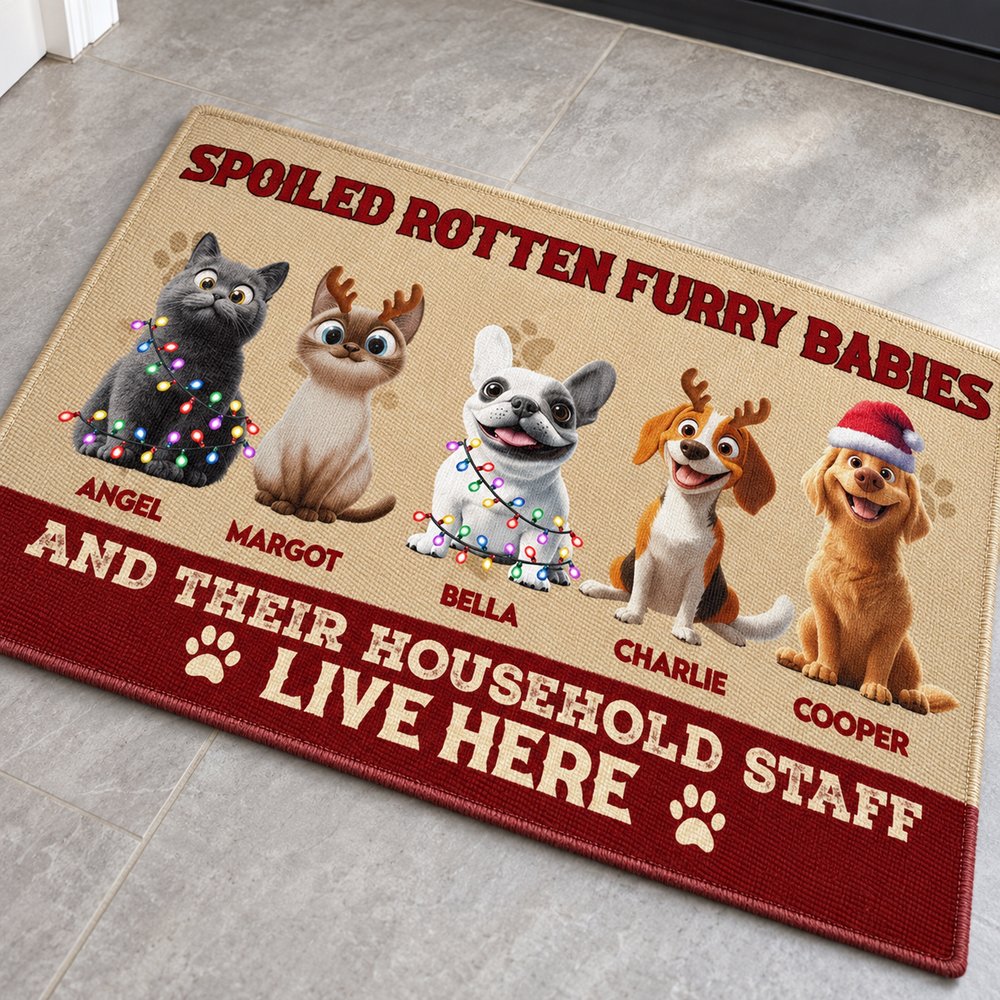 Close up detail of the polyester felt texture and festive pet print on the custom doormat