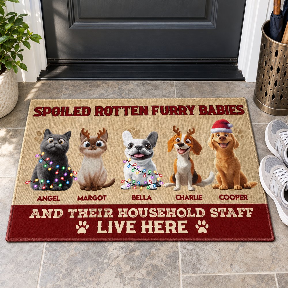 Personalized pet doormat shown next to adult sneakers to illustrate real size and scale