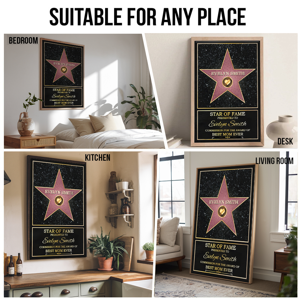 Personalized Mom or Grandma's Custom Star of Fame Canvas Print, room placement ideas for bedroom, desk