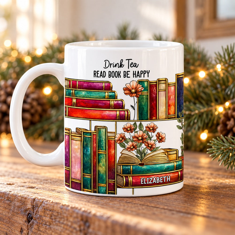 Personalized stained glass book lover mug with Elizabeth print on a festive holiday mantel