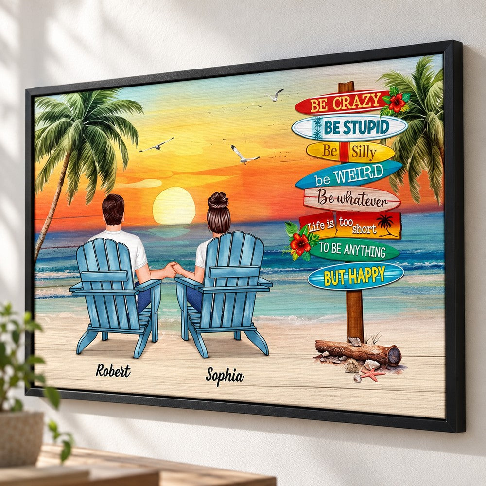 Close-up detail of the colorful Be Happy signpost and print texture on the couple poster