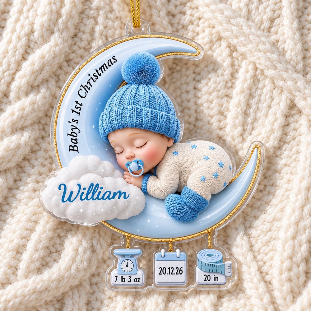 Macro closeup of custom shaped acrylic baby ornament showing glossy print and clear acrylic edge
