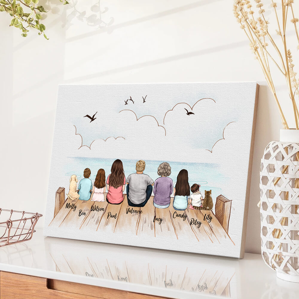 Custom Family Canvas Prints - Family Sitting On The Bridge - Personalized Gift For Family Members, Mom, Dad, Dog, Cat, Memorial 1
