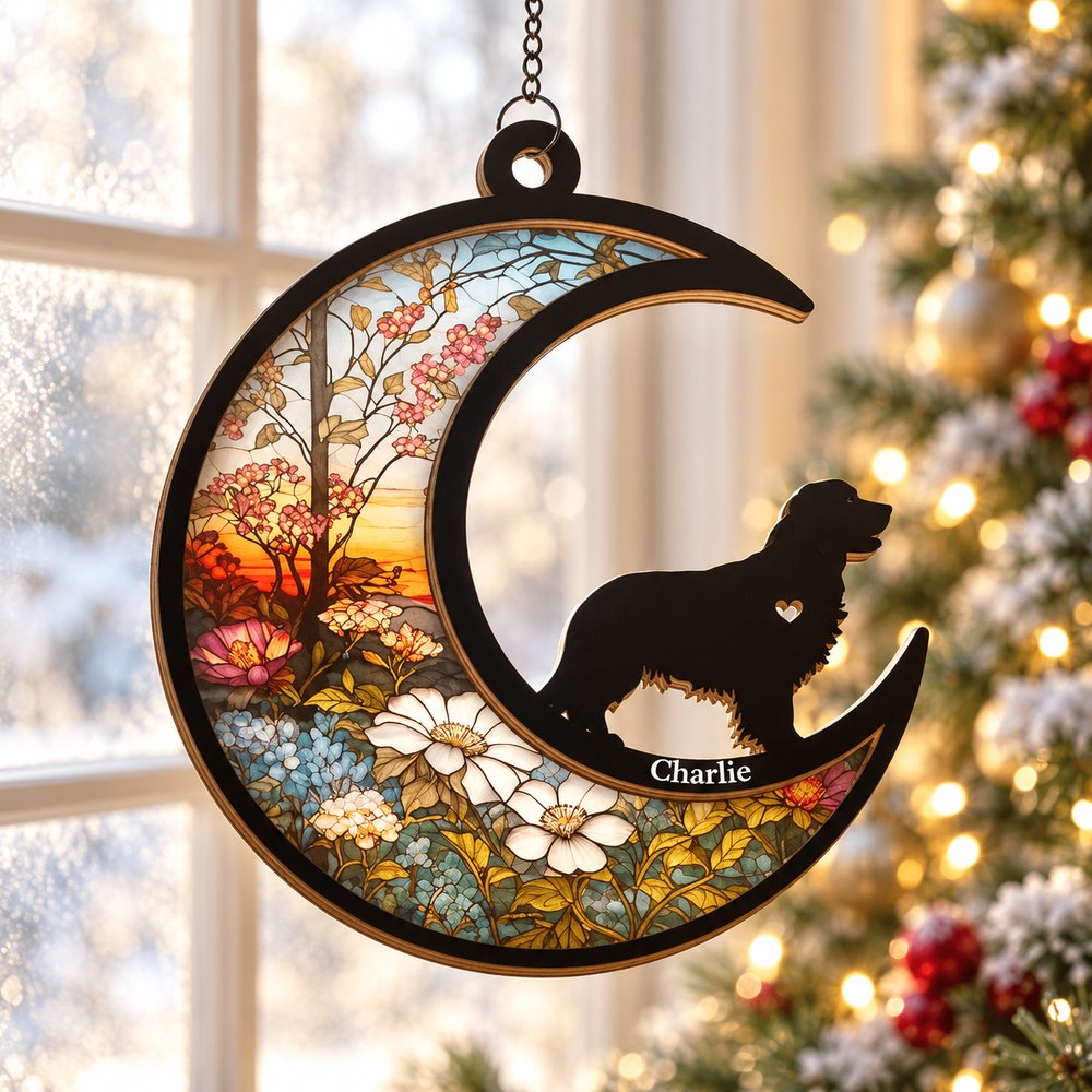 Custom dog memorial suncatcher ornament hanging near a Christmas tree in natural light