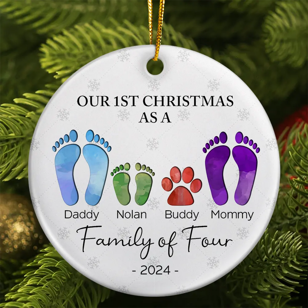 First Christmas As A Family Of Four Footprints - Personalized Circle Ceramic Ornament - Babies First Christmas Gifts