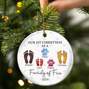 First Christmas As A Family Of Four Footprints - Personalized Circle Ceramic Ornament - Babies First Christmas Gifts