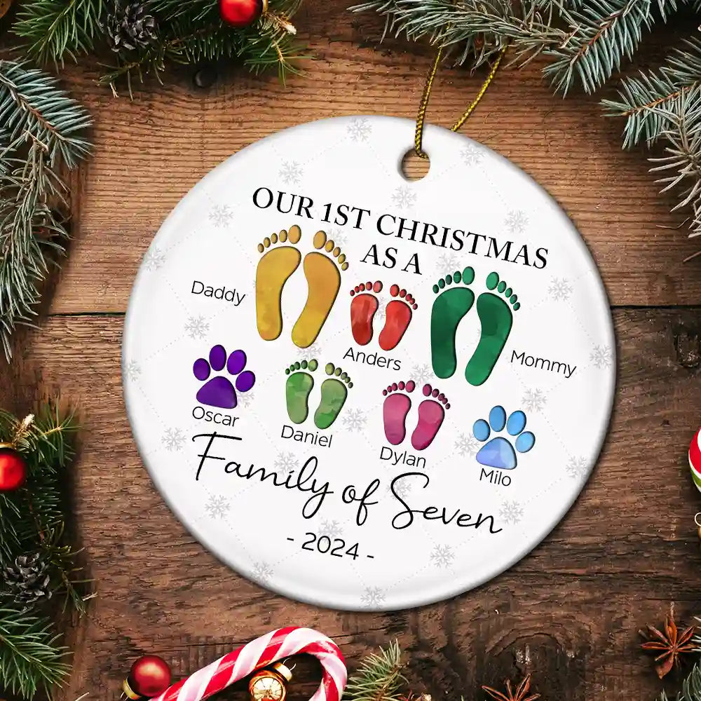 First Christmas As A Family Of Four Footprints - Personalized Circle Ceramic Ornament - Babies First Christmas Gifts