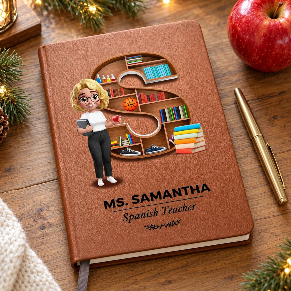 Personalized teacher alphabet bookshelf leather journal on a festive holiday desk with pine and apple