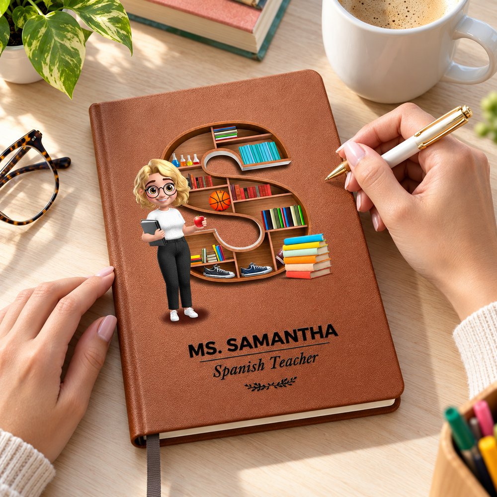 Female teacher with personalized leather journal and pen on a bright classroom desk