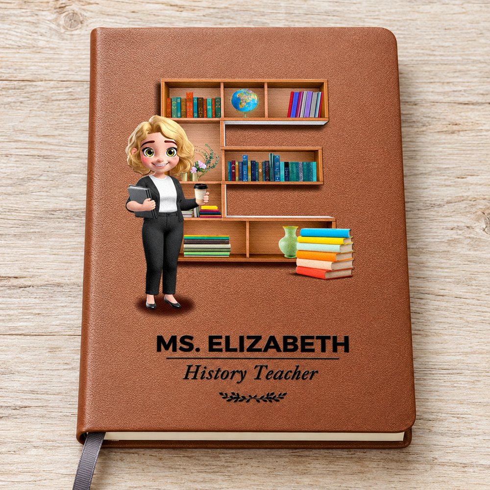 Close-up detail of pebbled brown leather journal cover print and personalized teacher text