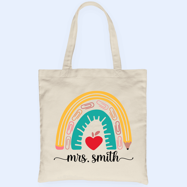 Teacher Appreciation Boho Pencil Rainbow - Personalized Custom Tote Bag - Birthday, Loving, Funny Gift for Teacher, Kindergarten, Preschool, Pre K, Paraprofessional, Educator