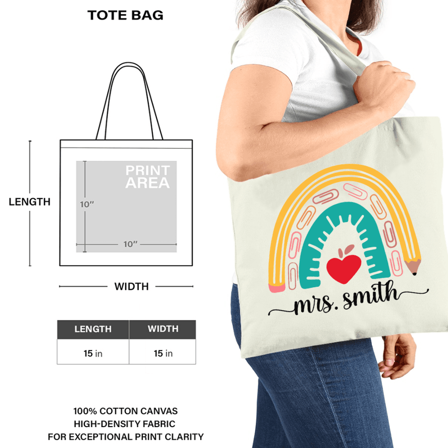 Teacher Appreciation Boho Pencil Rainbow - Personalized Custom Tote Bag - Birthday, Loving, Funny Gift for Teacher, Kindergarten, Preschool, Pre K, Paraprofessional, Educator - Suzitee Store