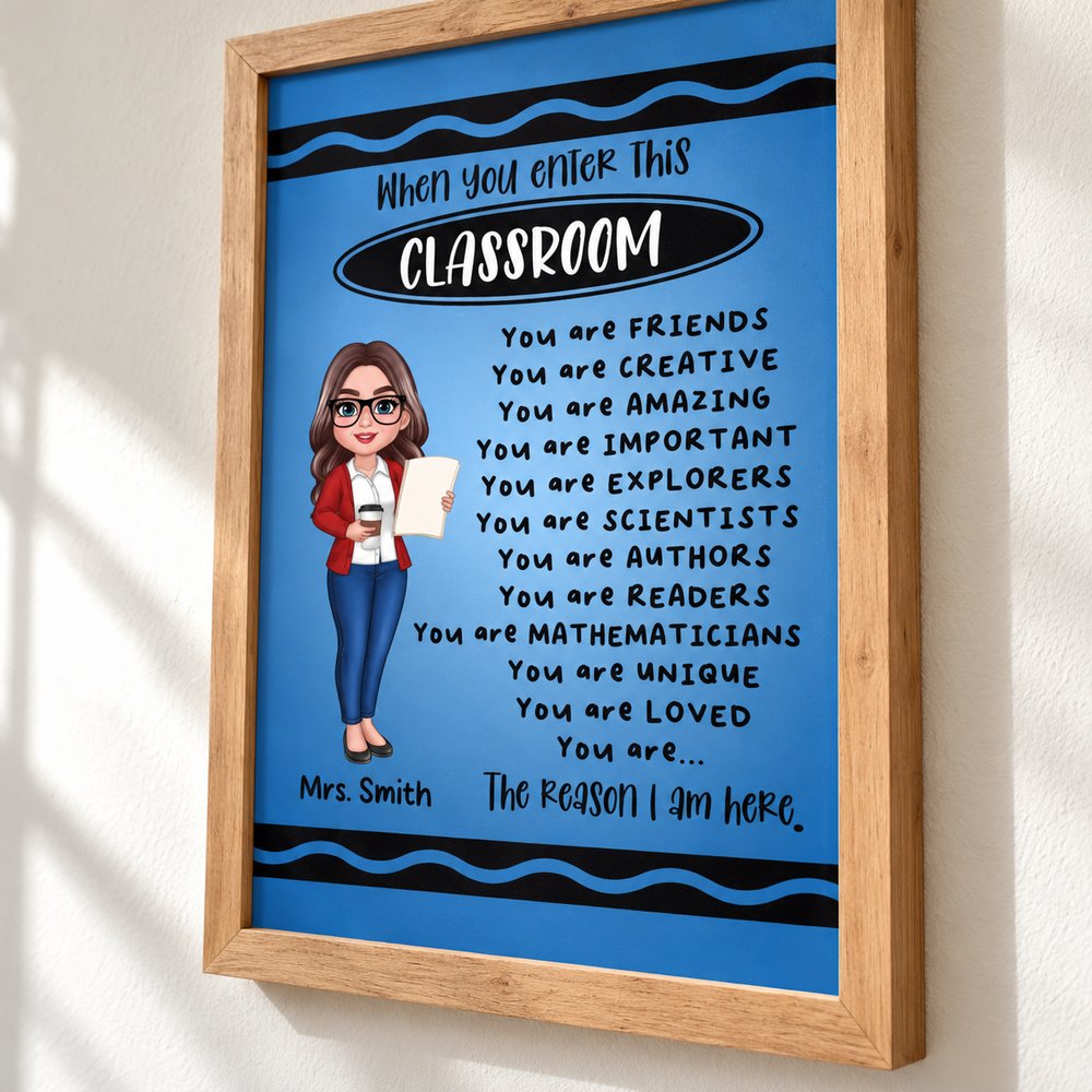 Close up detail of personalized teacher poster print texture and natural wood frame
