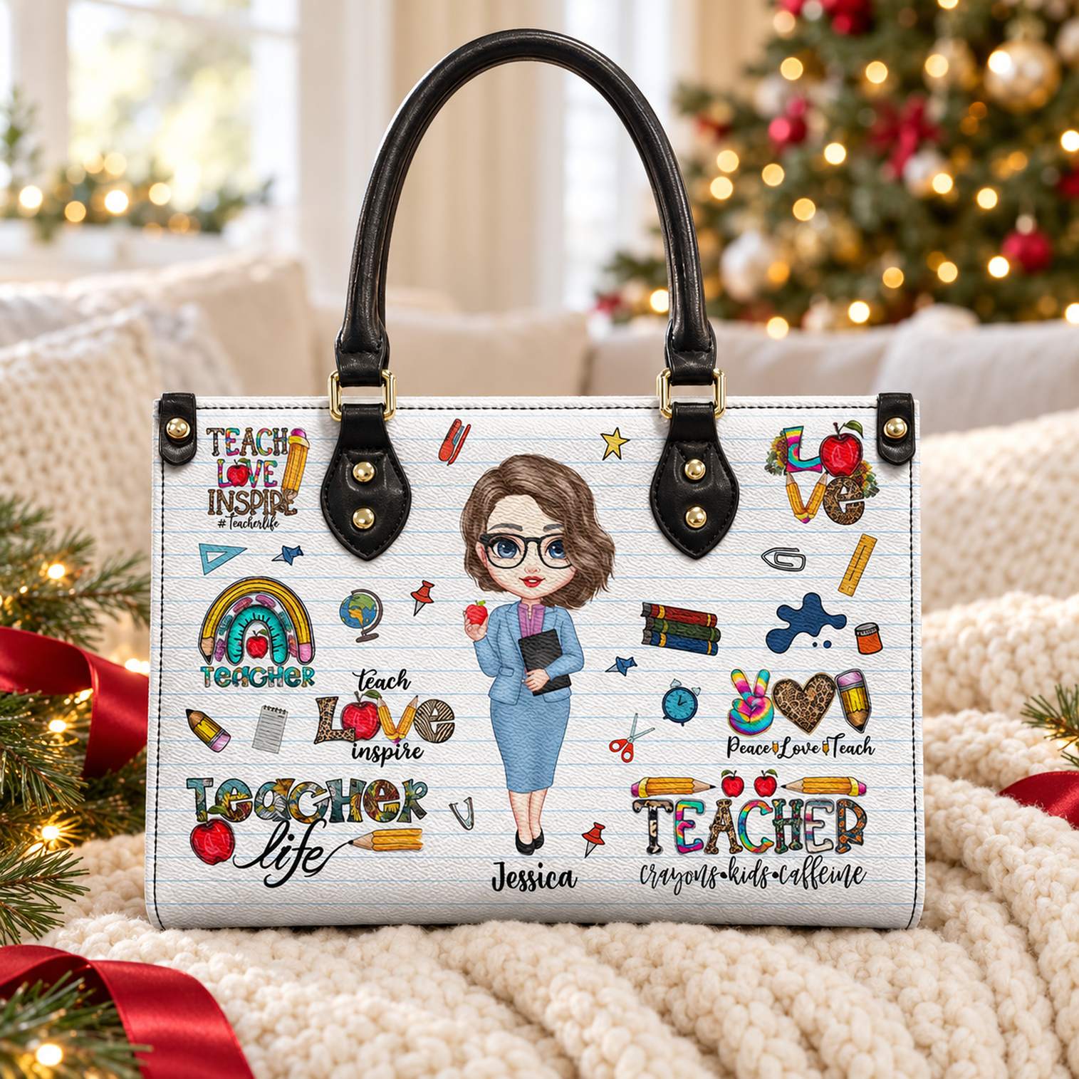 Personalized Teacher Life leather handbag Jessica in a bright Christmas living room setting