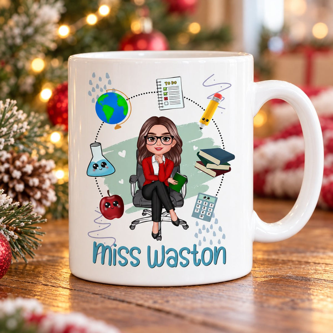 Custom teacher coffee mug on a wooden table with holiday Christmas tree in soft background
