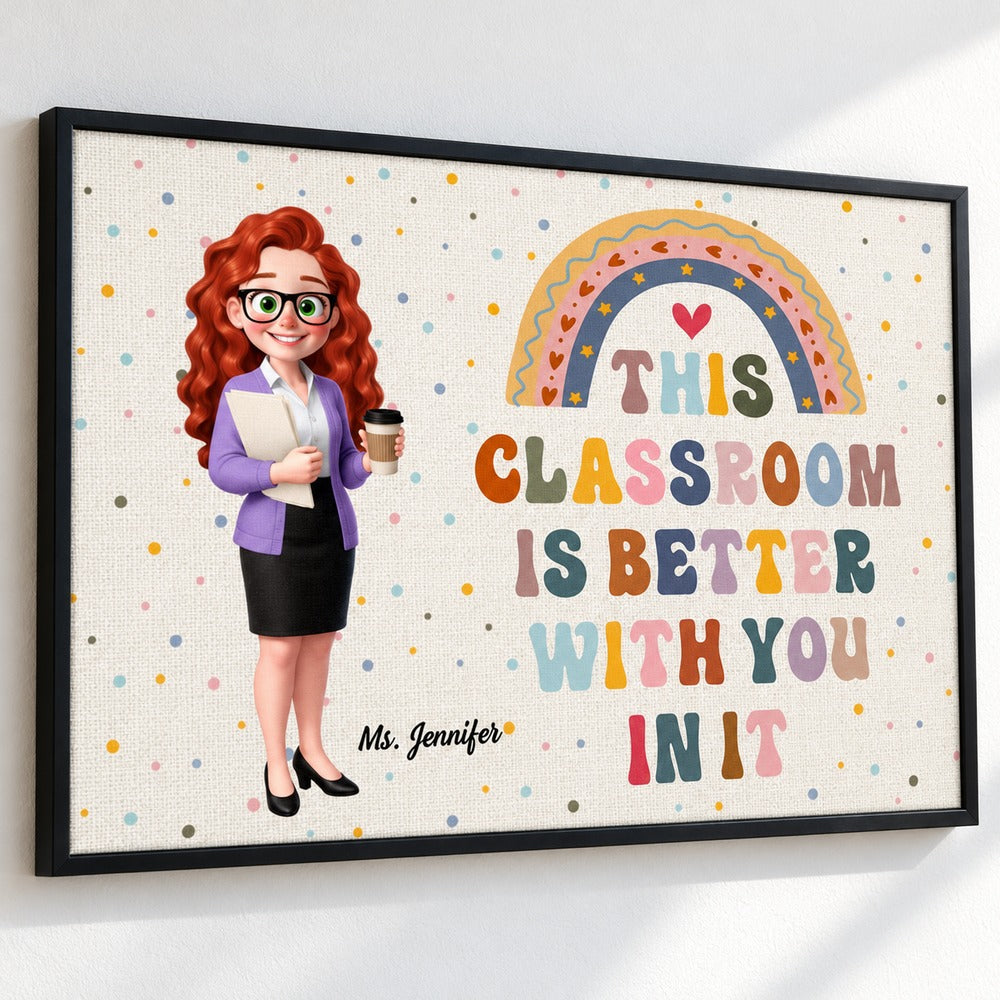 Close-up detail of personalized teacher poster print texture and colorful rainbow lettering