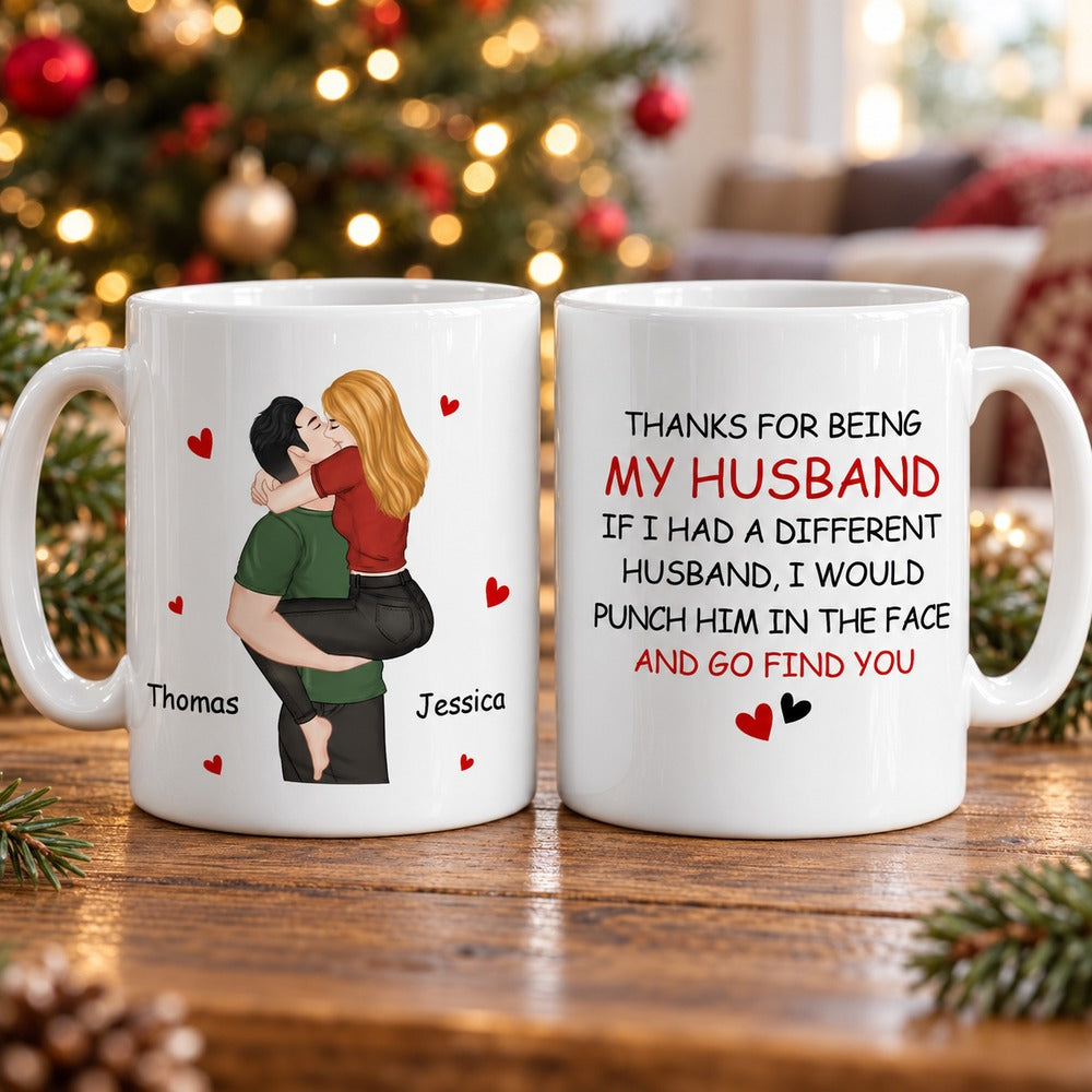 Personalized husband couple mug front and back view in cozy holiday home setting