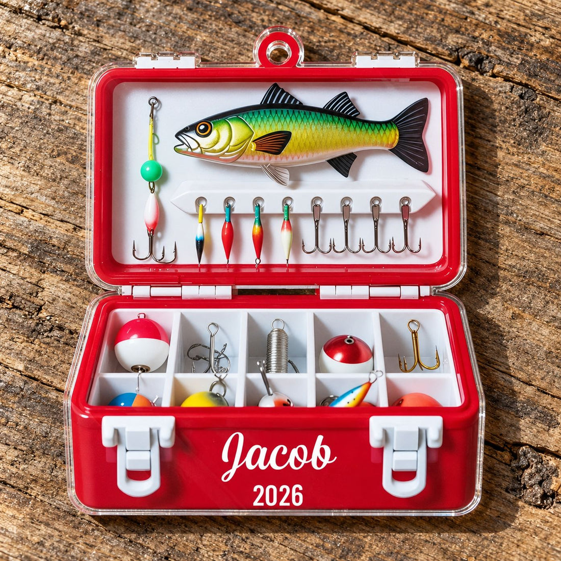 Macro closeup of custom shaped fishing tackle box acrylic ornament print and edge