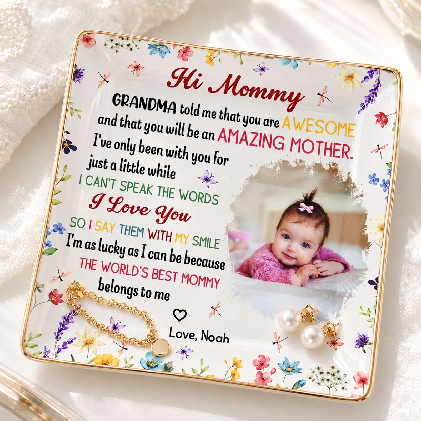 Personalized square ceramic jewelry dish for new mom on vanity holding dainty gold bracelet