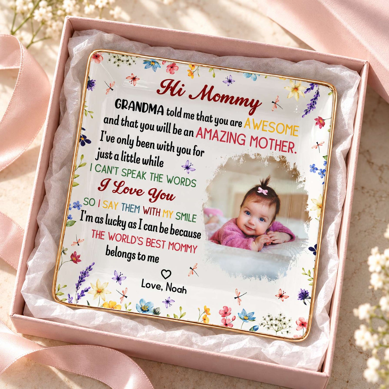 Custom photo jewelry dish for first time mom in open gift box with tissue paper and ribbon
