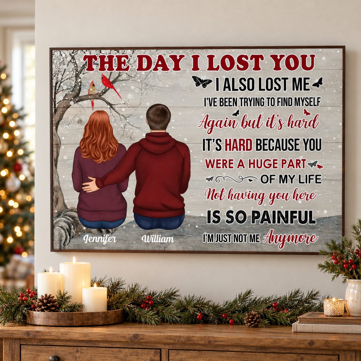 Personalized memorial canvas print hanging above a holiday console table with pine greenery and candles