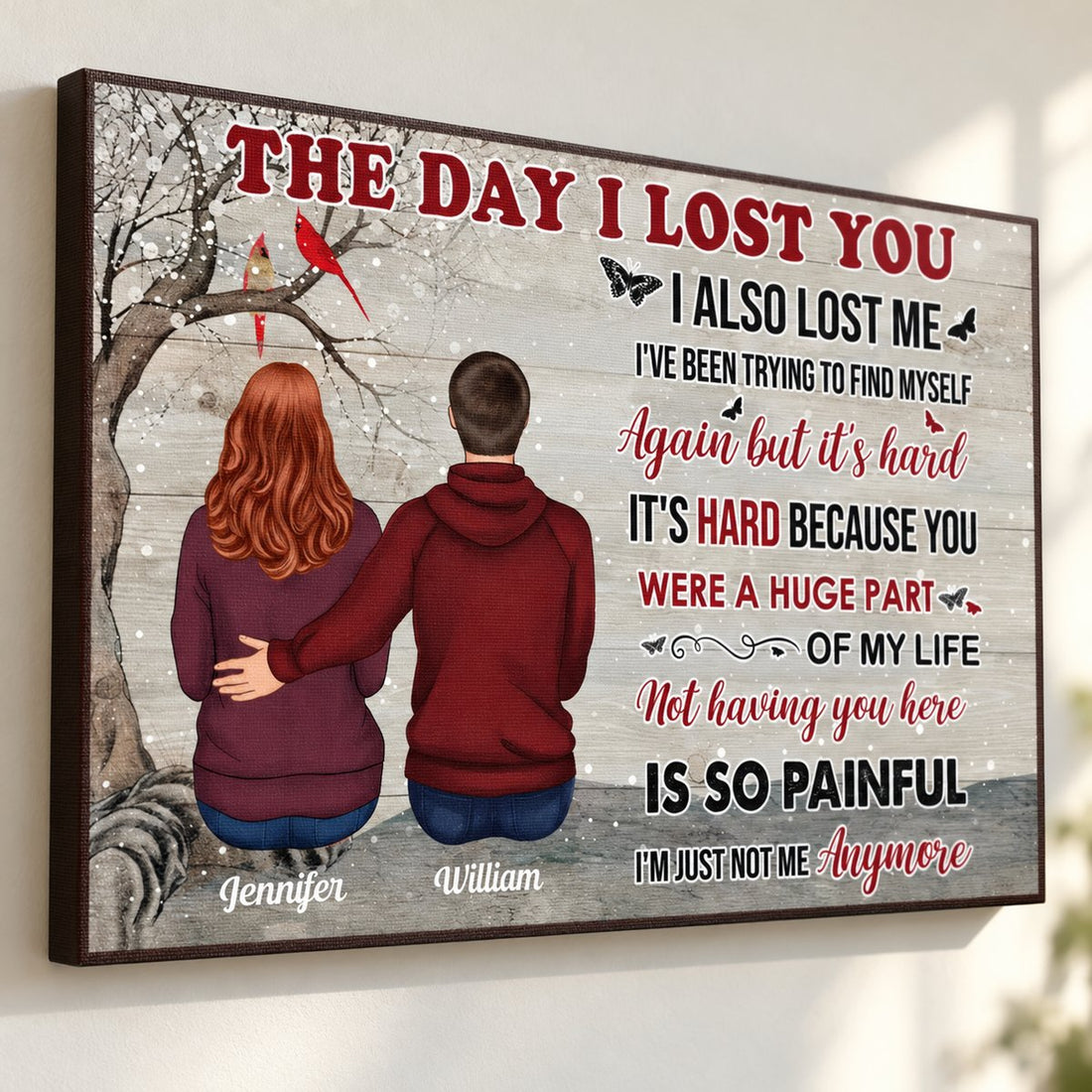 Close-up of personalized memorial canvas print showing woven texture and red cardinal illustration