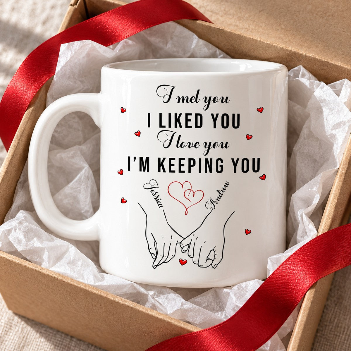 Custom couple anniversary mug in an open gift box with tissue paper and ribbon