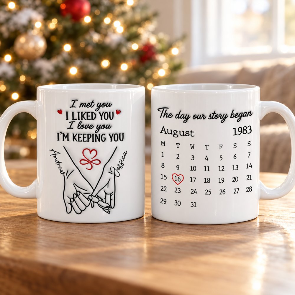 Personalized couple anniversary mugs showing front and back designs in a bright holiday living room