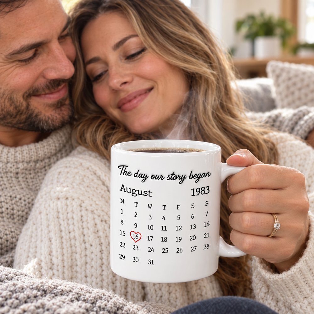Couple holding personalized The Day Our Story Began ceramic mug with steaming coffee