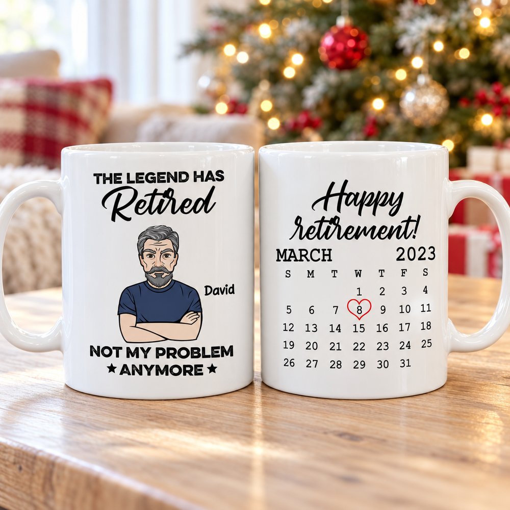 Personalized retirement ceramic mug showing front character and back calendar in a bright holiday living room