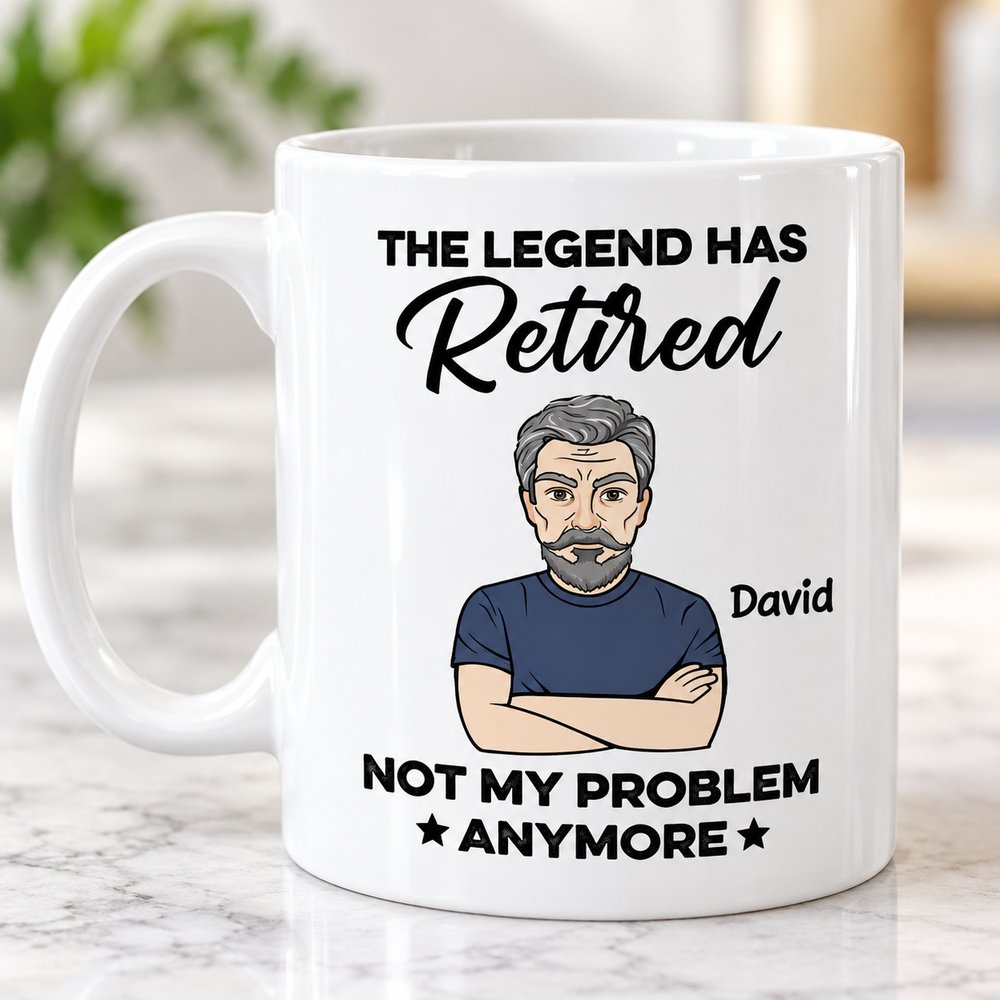 Close-up detail of glossy ceramic surface and crisp printing on personalized retirement mug