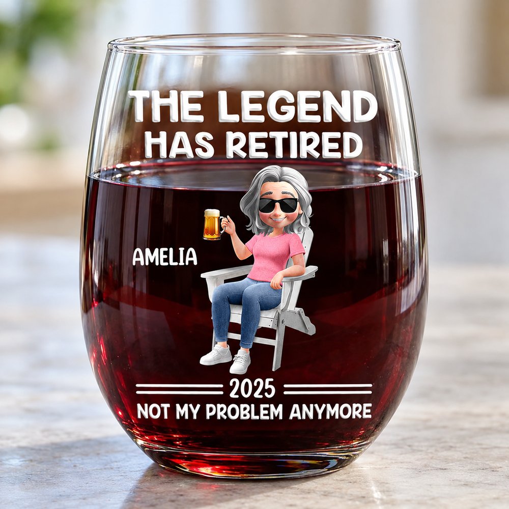Close up detail of UV print on personalized retirement stemless wine glass
