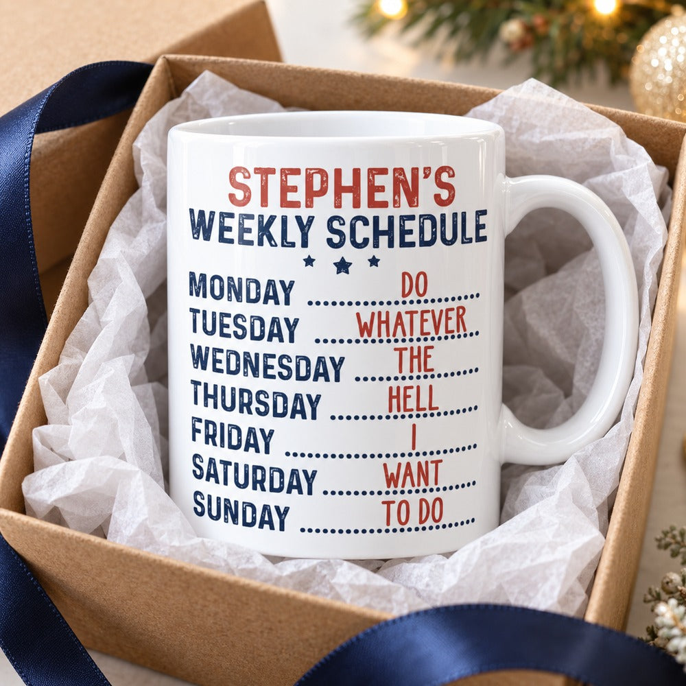 Personalized retirement mug in an open gift box with tissue paper and ribbon