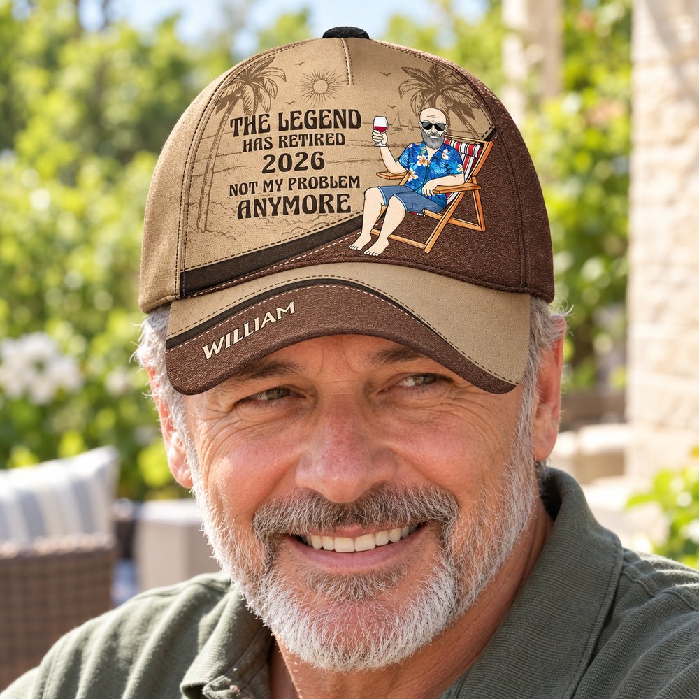 Older man wearing personalized The Legend Has Retired 2026 classic baseball cap outdoors