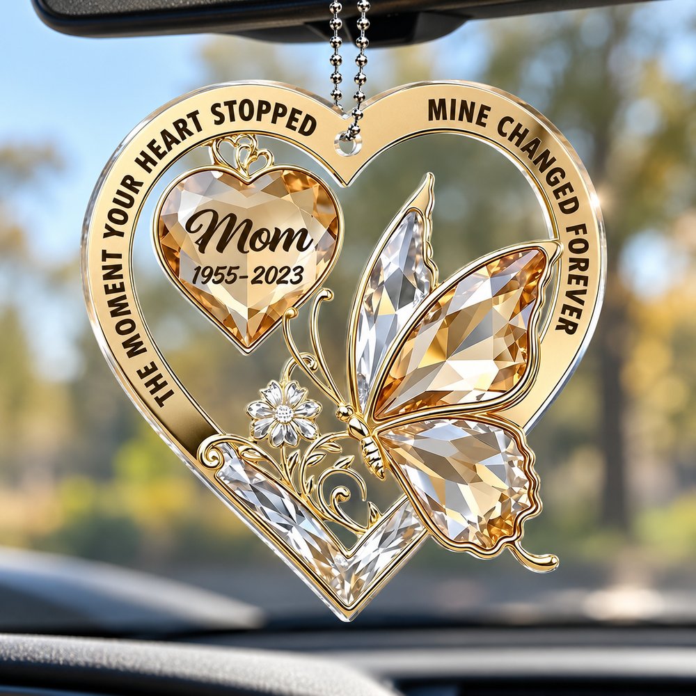 Close up detail of personalized memorial acrylic car hanger showing print quality and acrylic edge