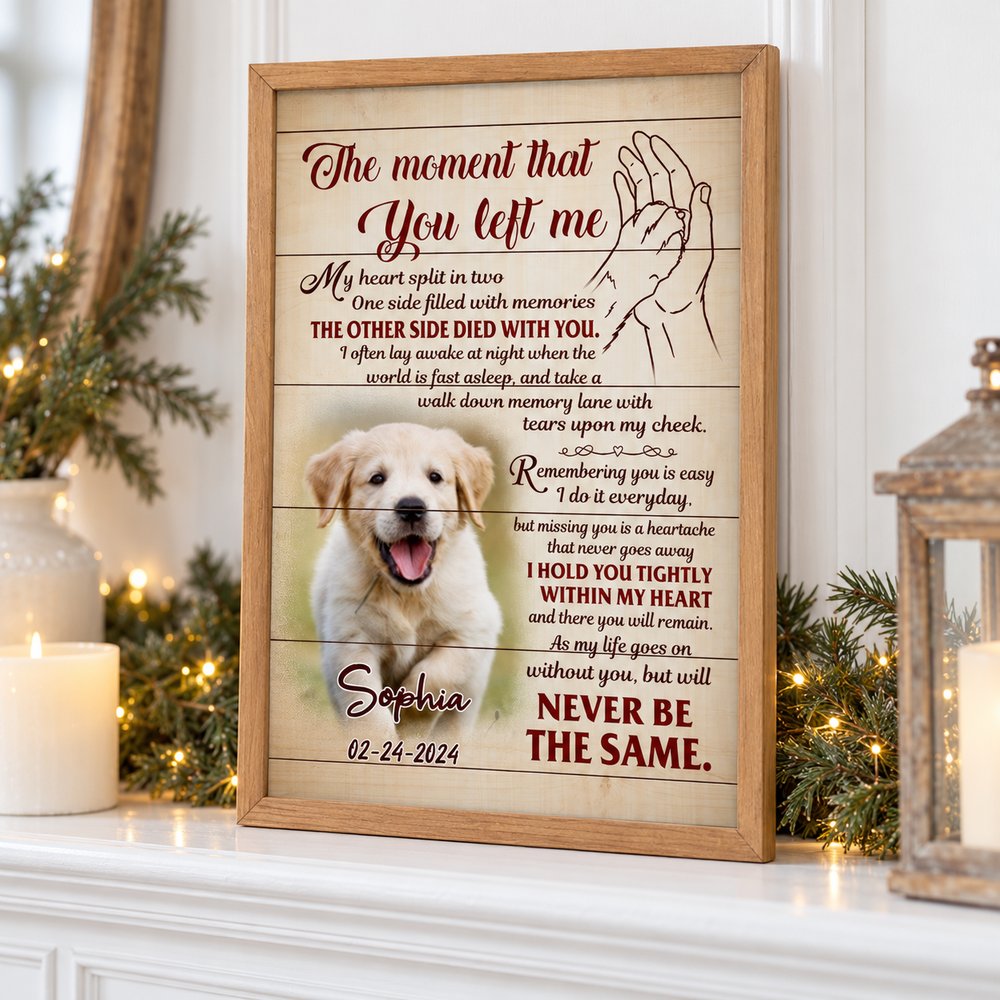 Custom photo pet memorial framed print displayed on a bright holiday mantel with pine garland