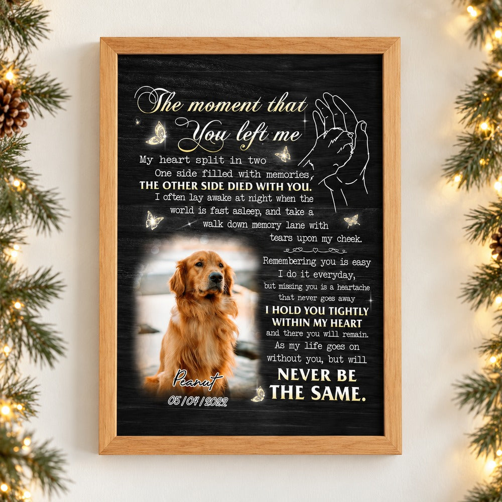 Custom pet memorial framed poster for Peanut on wall with soft holiday greenery and warm lights