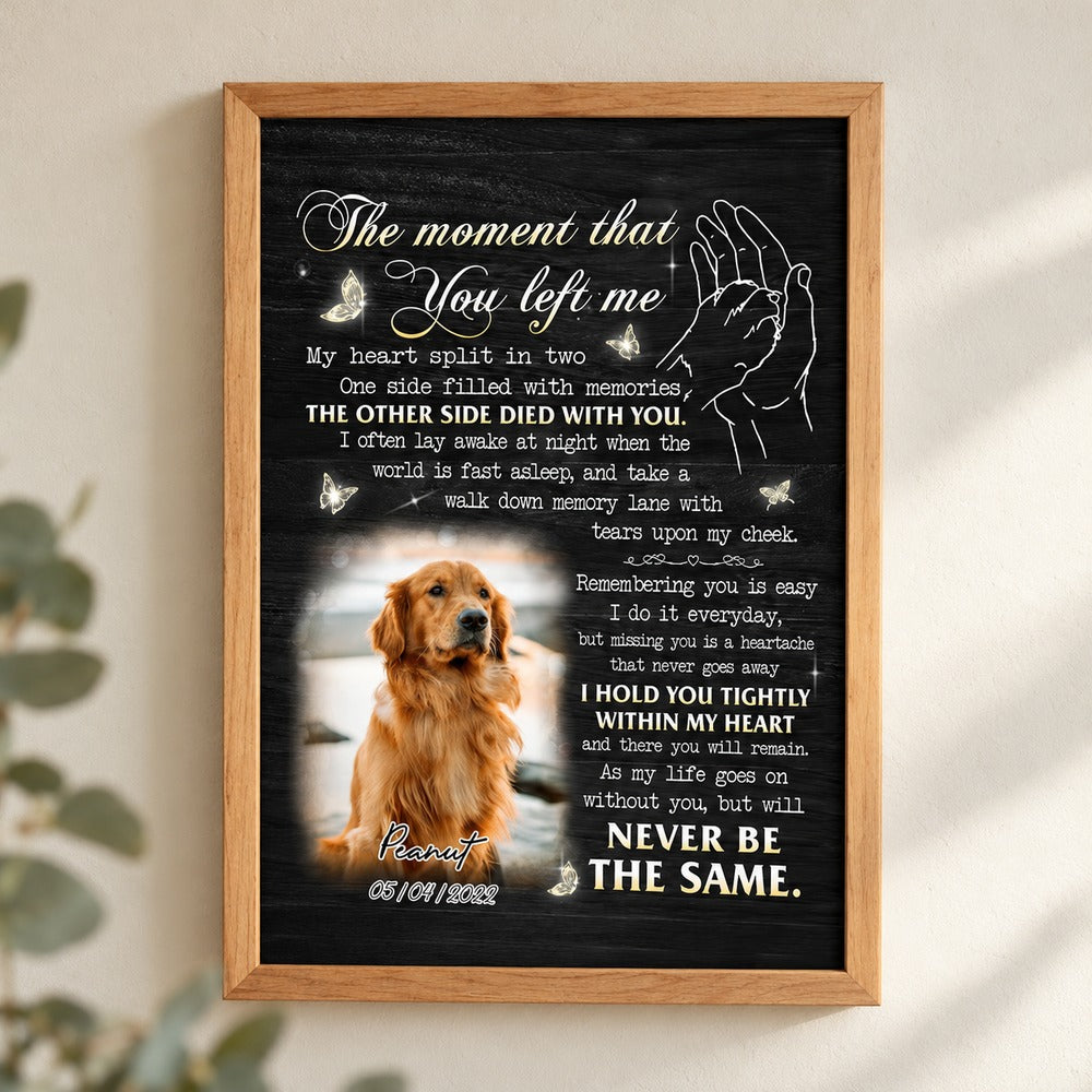 Personalized dog memorial canvas print hanging on a bright textured wall