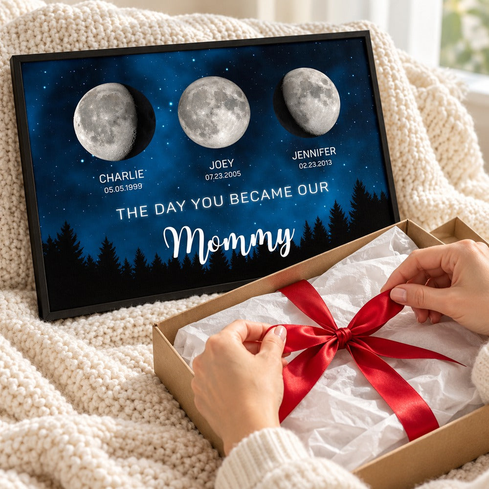 Personalized moon phase Mommy framed print being unwrapped from a holiday gift box