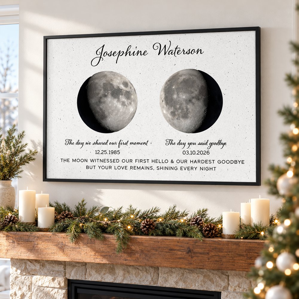 Personalized moon phase memorial canvas print hanging above a holiday mantel in bright natural light